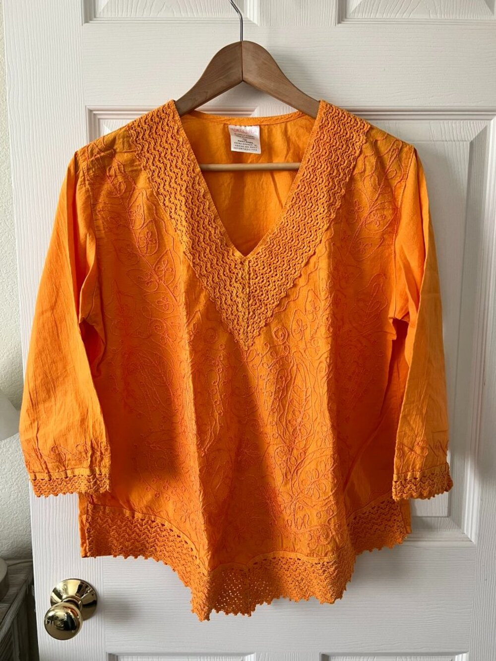 Boho Orange Embroidered Cotton Blouse Lace Trim V Neck L XL Peasant Top